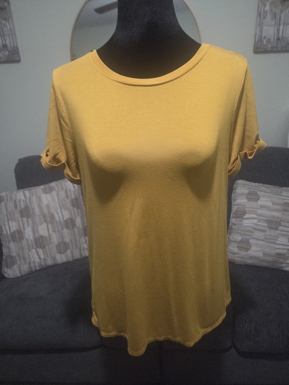 Green Envelope Mustard Short Sleeve Crewneck Top